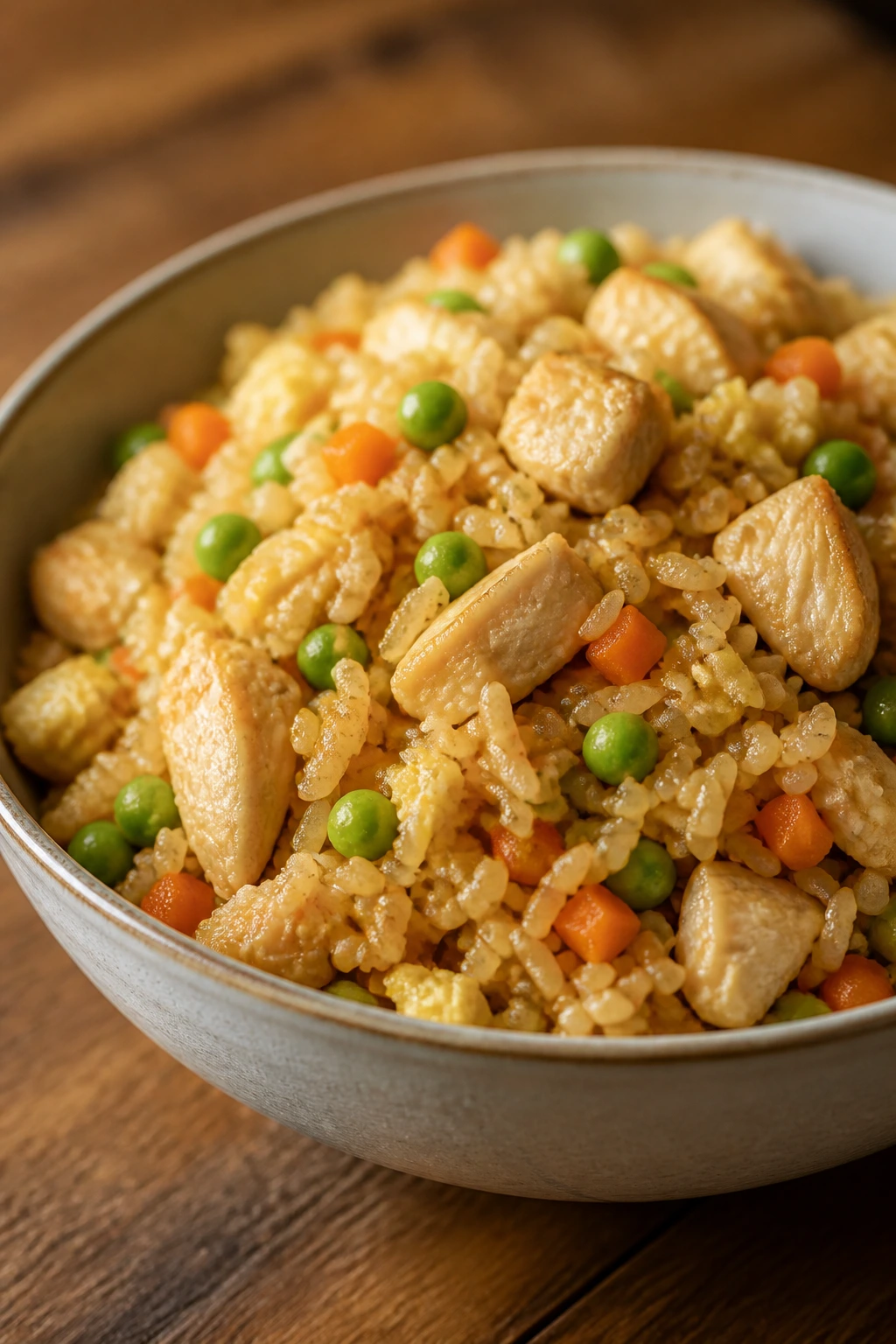 Close-up of mild chicken fried rice with peas and carrots in a bowl