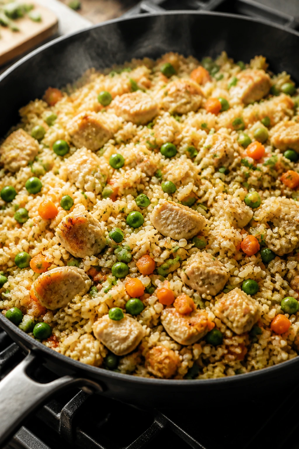 Close-up fried rice with chicken and peas on a skillet in a kitchen