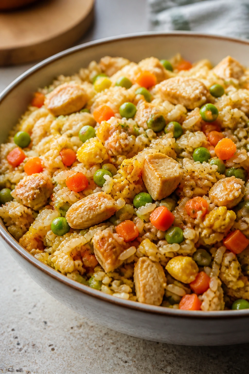 Fried rice with chicken and vegetables in a bowl