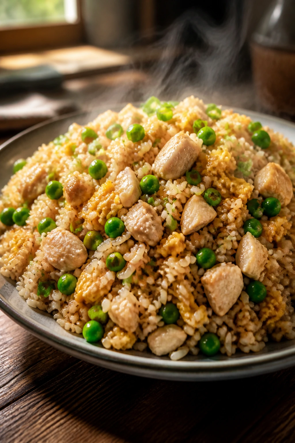 Plate of Chinese Chicken Fried Rice with chicken, eggs, peas and scallions