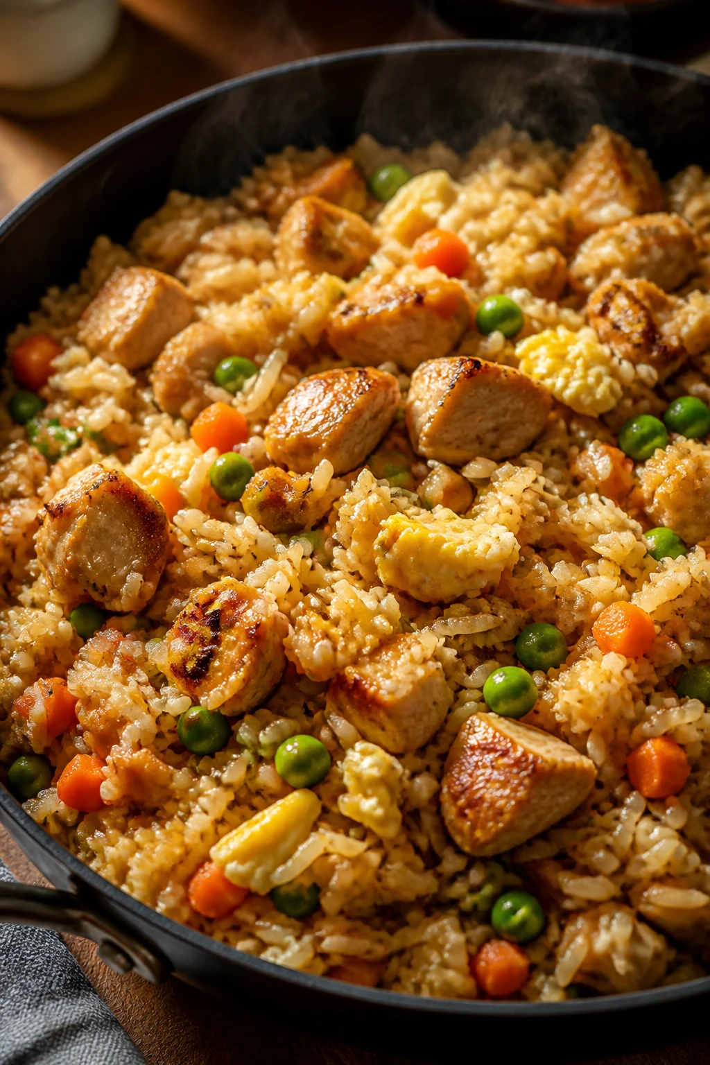 Close-up of chicken and frozen veggie fried rice in a skillet.