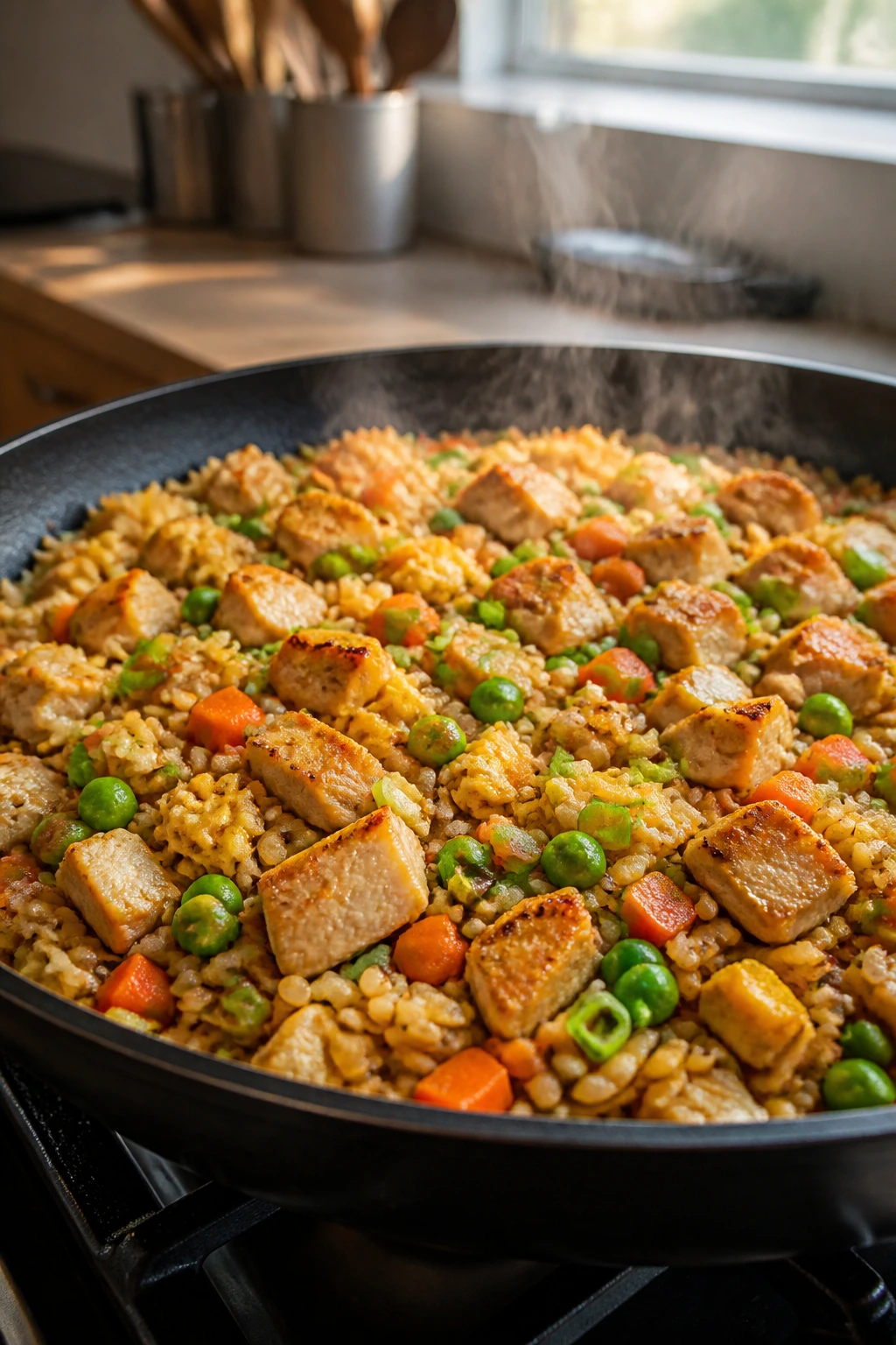 Skillet of chicken and veggie fried rice filling the frame with steam