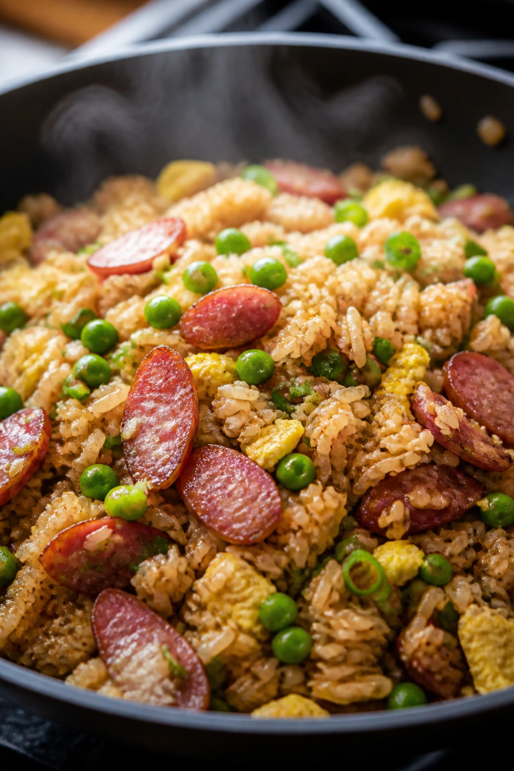 Close-up fried rice with Chinese sausage and peas