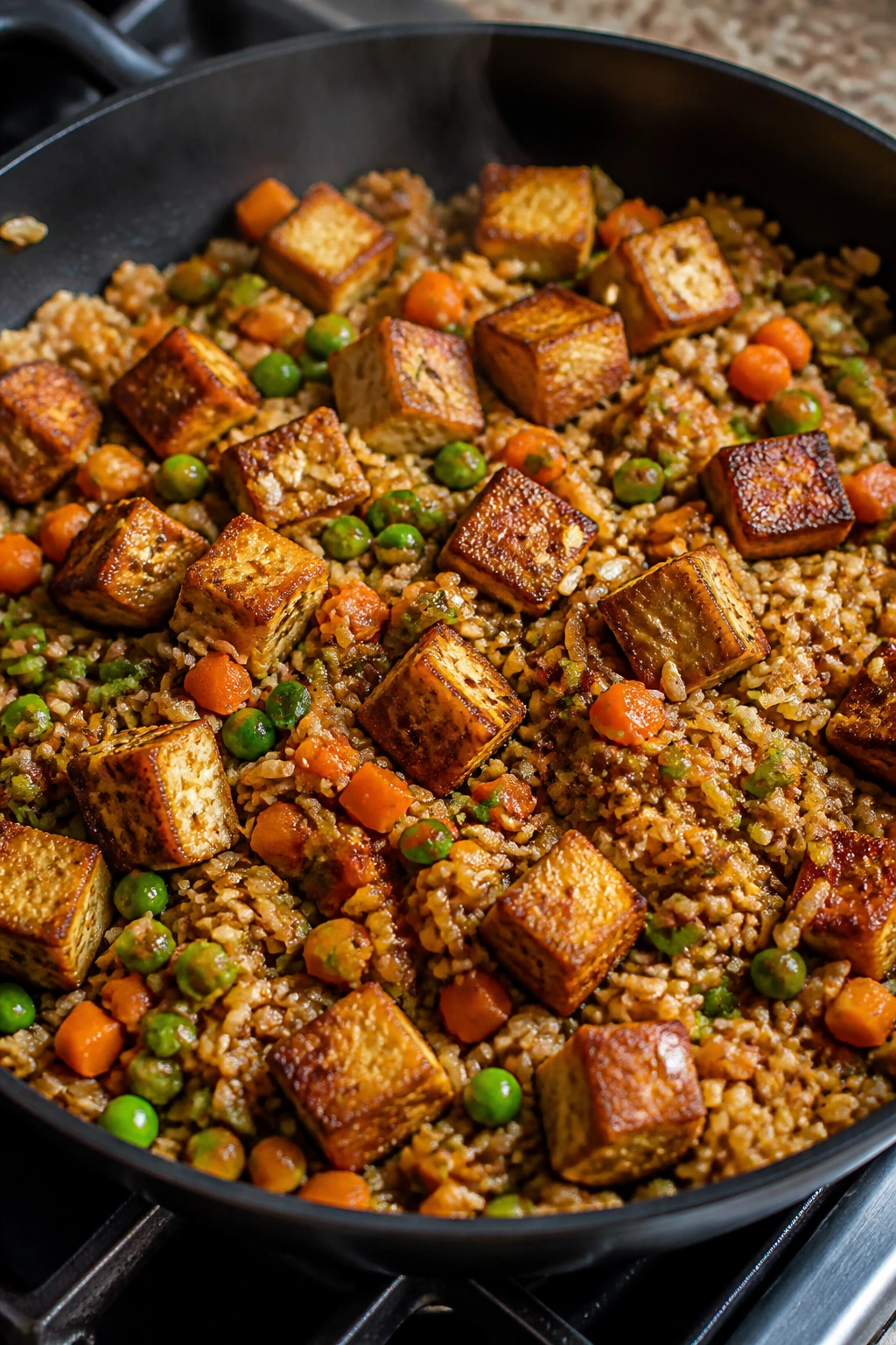 Close-up of crispy tofu fried rice in a skillet
