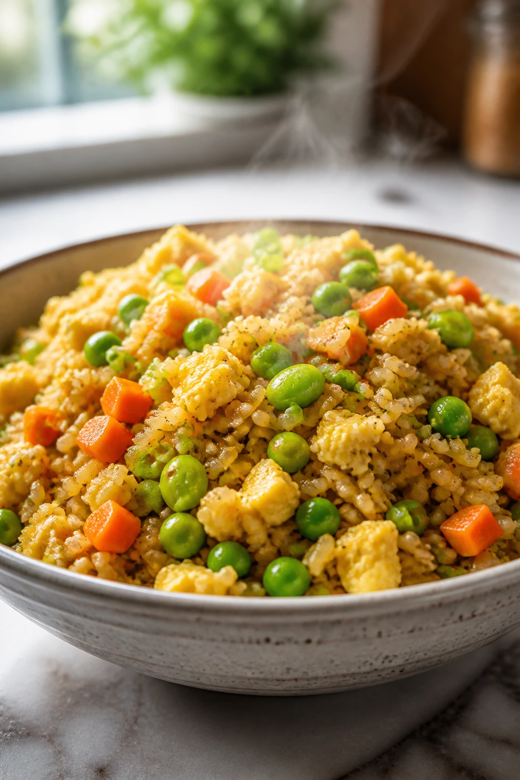Close-up of veggie egg fried rice with edamame in a bowl