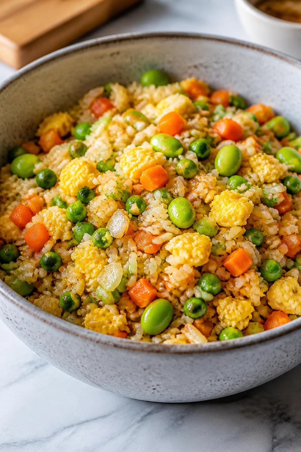 Bowl of veggie fried rice with egg and edamame on a kitchen counter