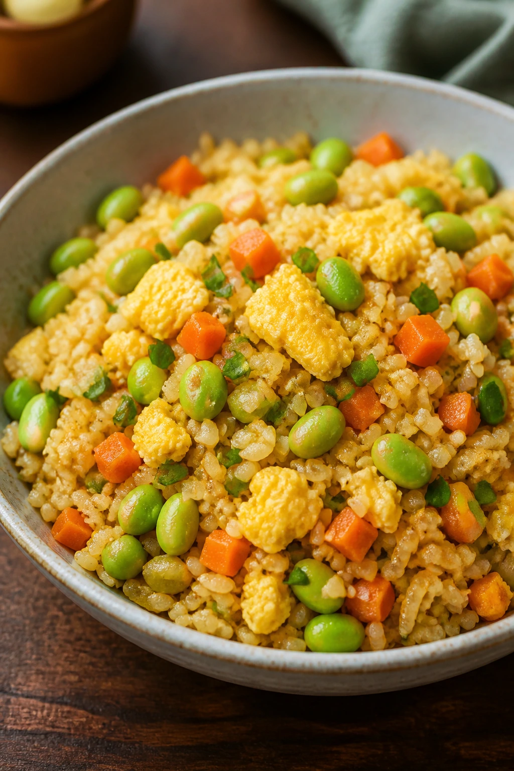Bright fried rice with edamame and carrots in a bowl
