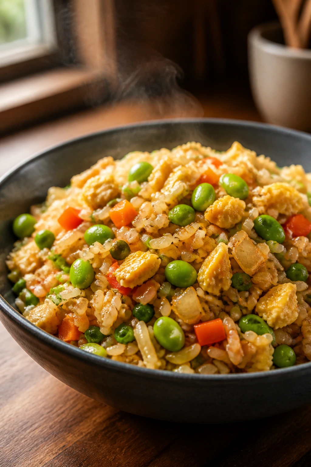 Close-up of vegetable fried rice with egg and edamame in a steaming bowl
