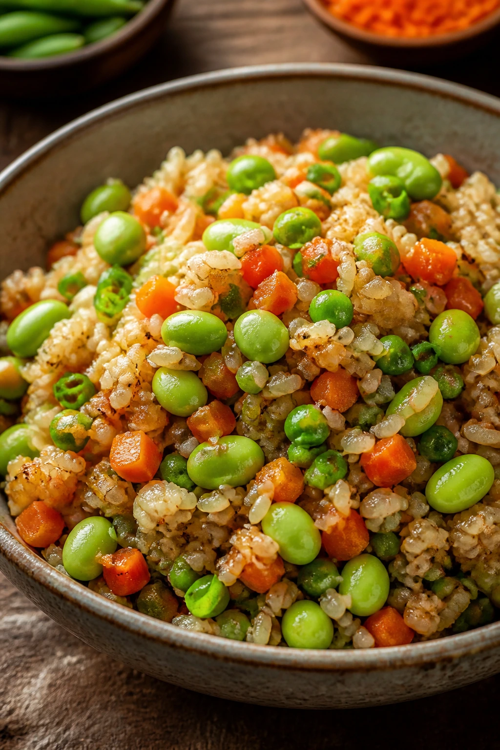 Bright veggie fried rice with edamame and vegetables in a bowl