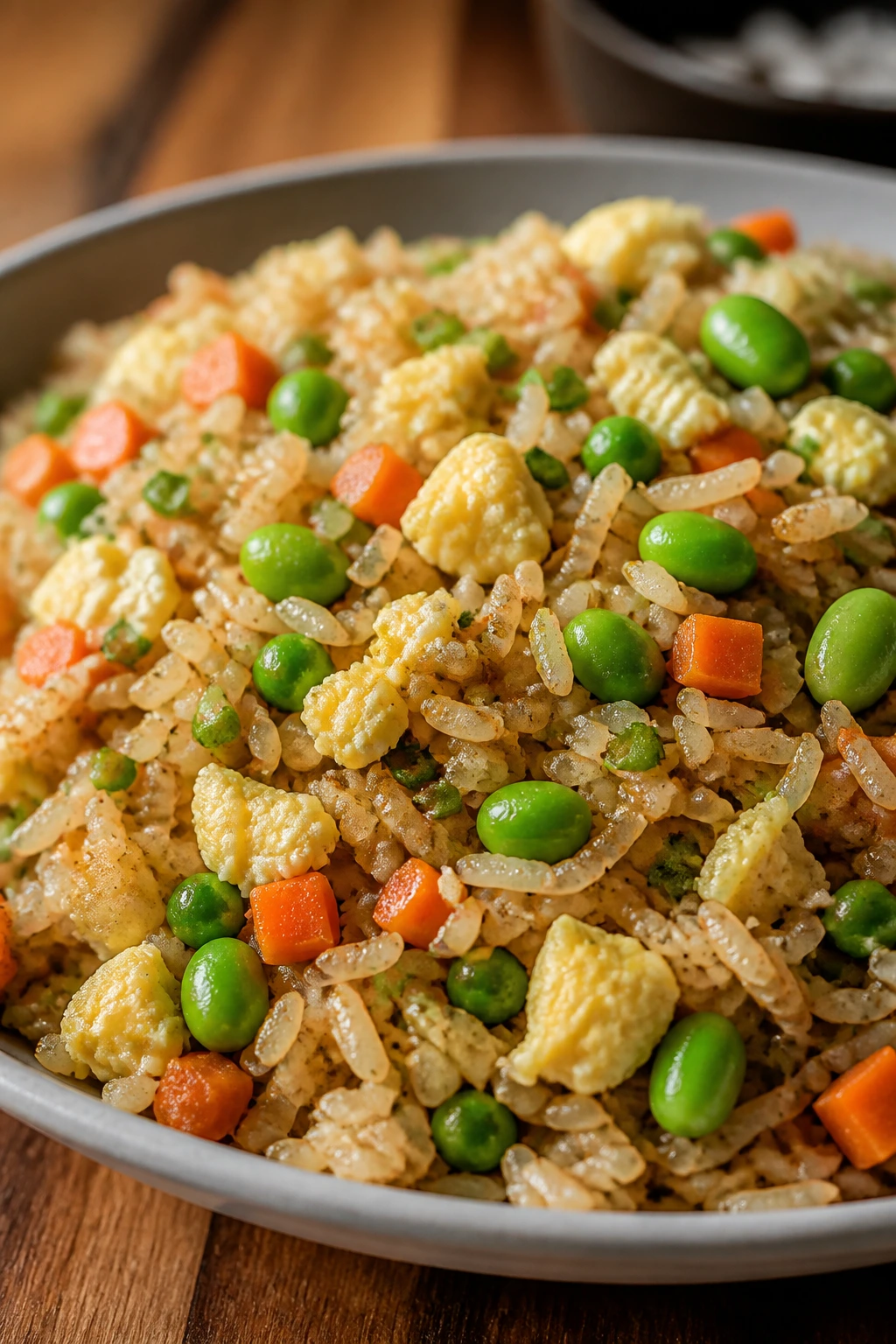 Close-up of veggie fried rice with edamame in a bowl on a wood table.
