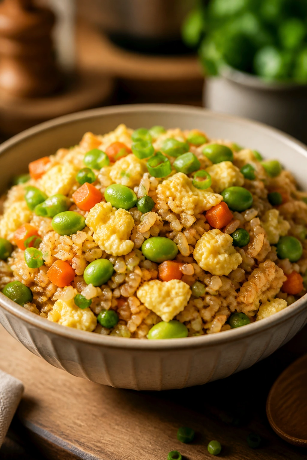 Vegetable fried rice with eggs and edamame in a bowl