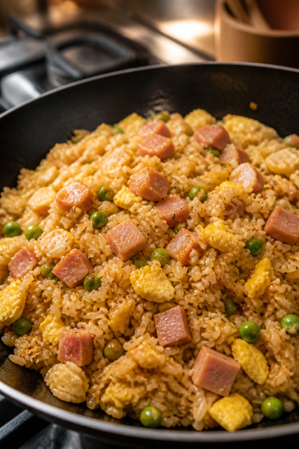 Fried rice with egg and ham in a pan
