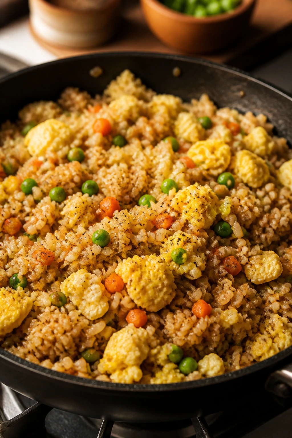 Pantry fried rice with egg in a skillet
