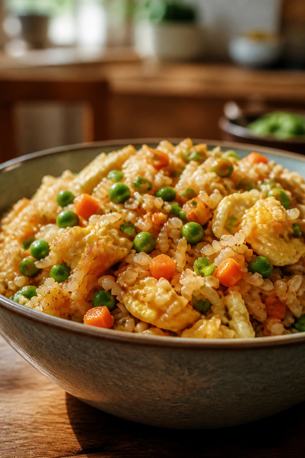 Close-up of veggie fried rice with egg ribbons and peas