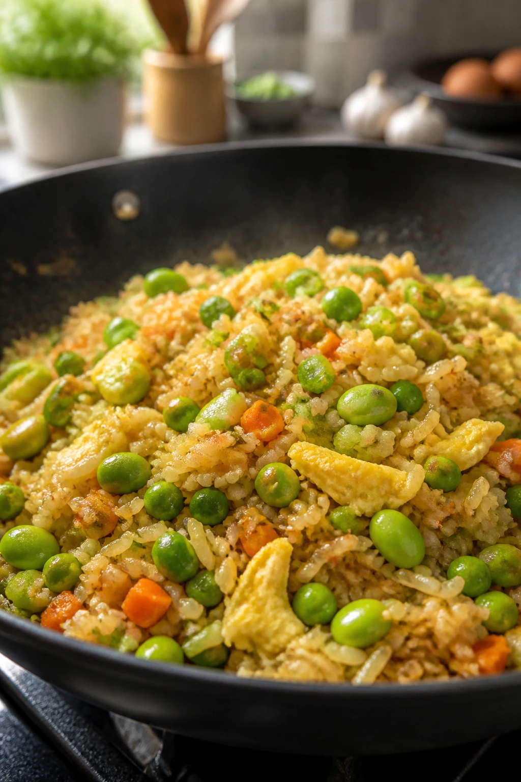 Close-up of veggie-packed fried rice with eggs and edamame in a hot wok