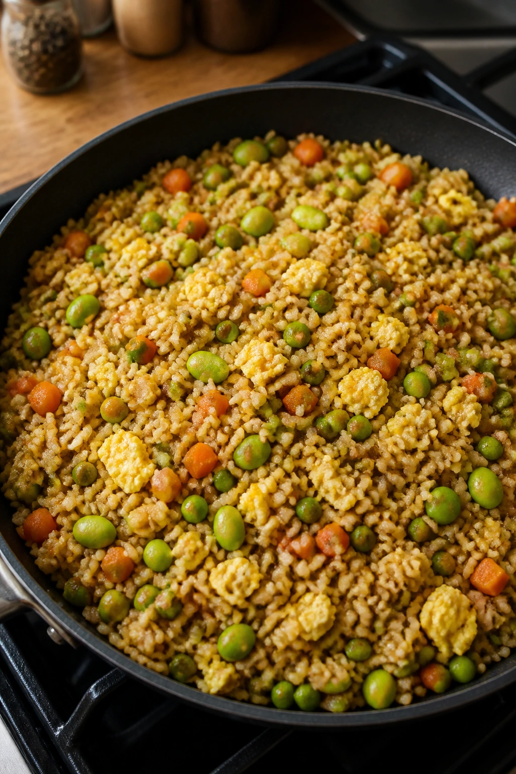 Close-up of veggie-packed fried rice with eggs and edamame