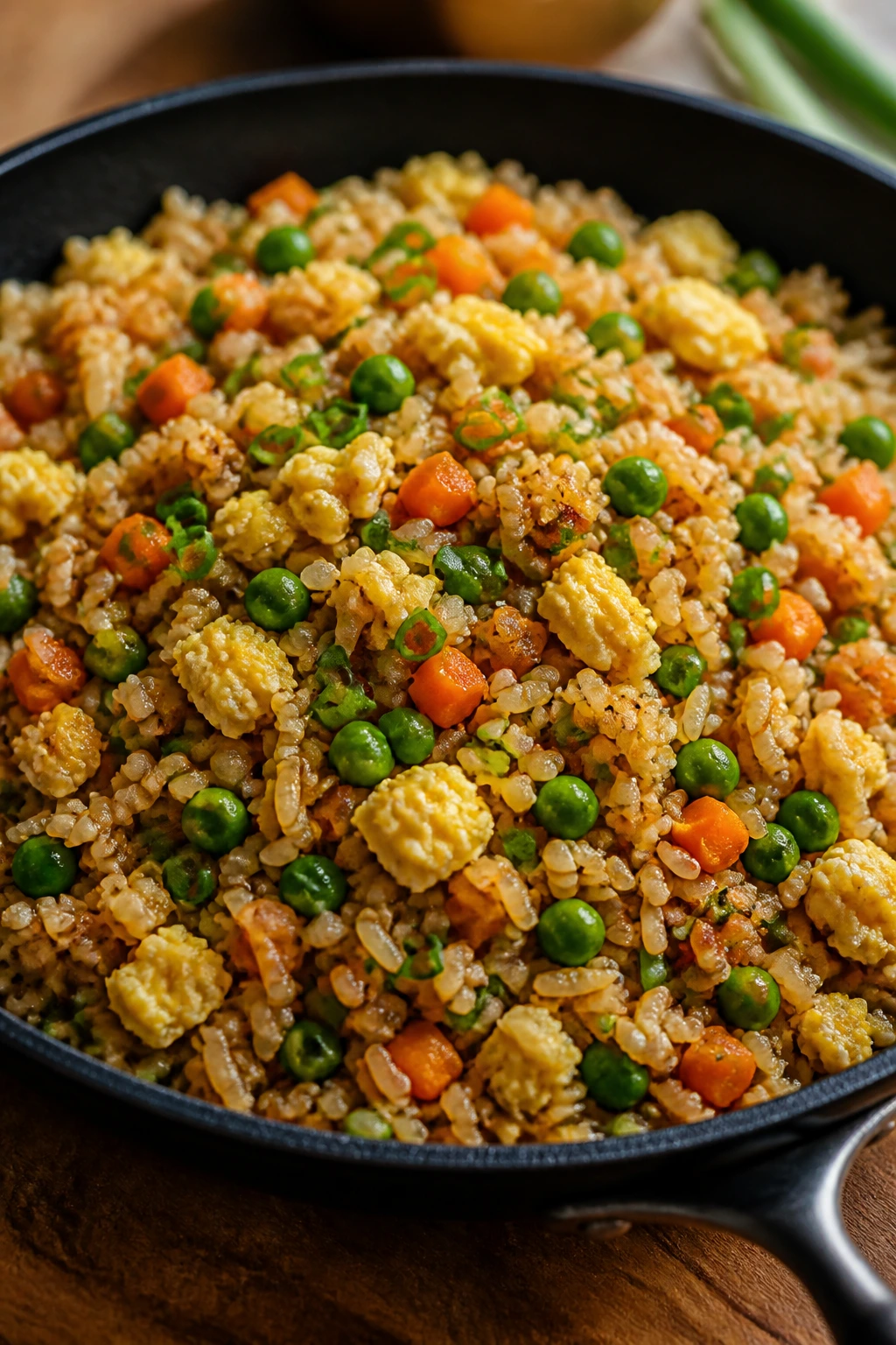 Close-up of vegetable fried rice with eggs in a skillet