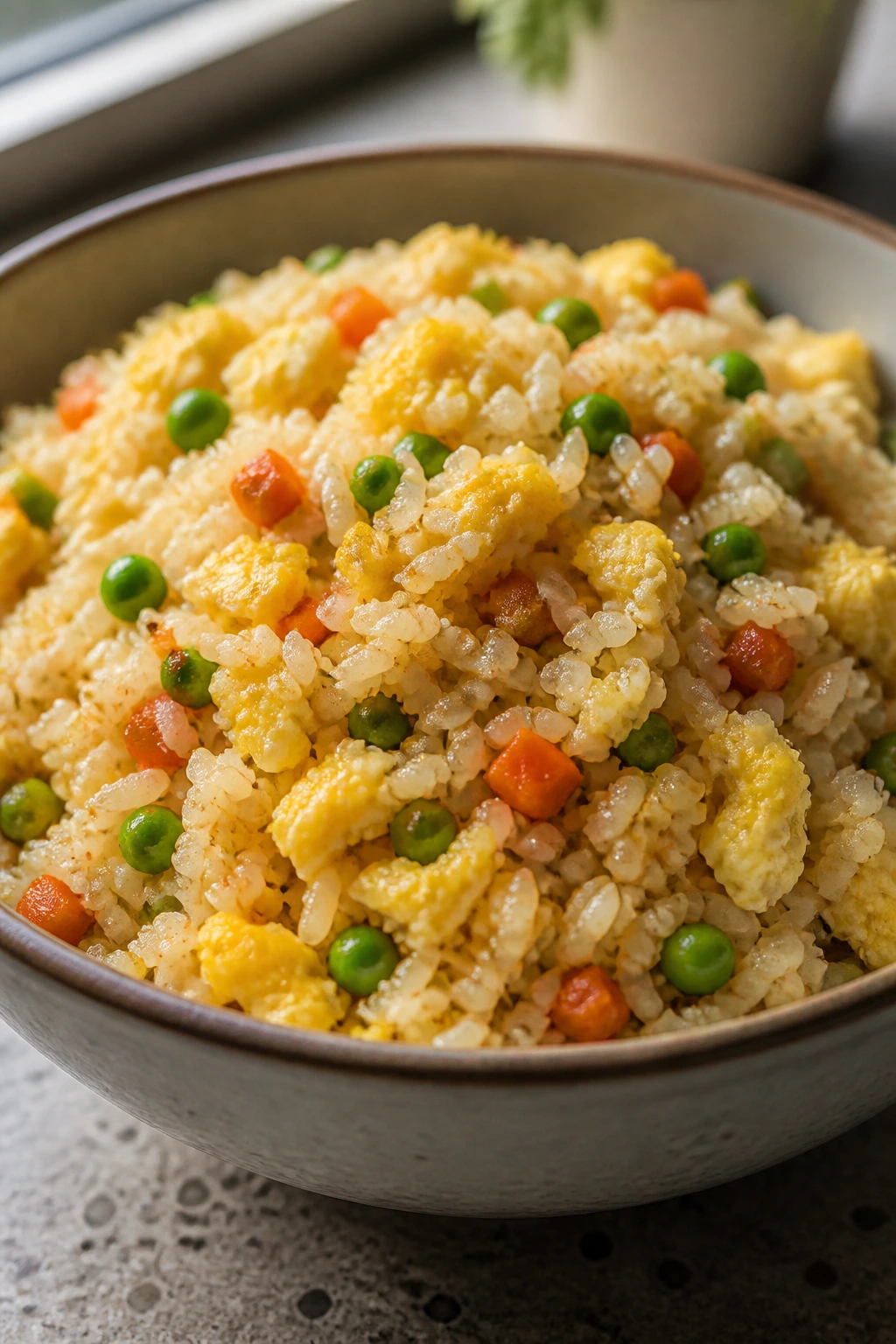 Close-up of egg fried rice with peas and carrots