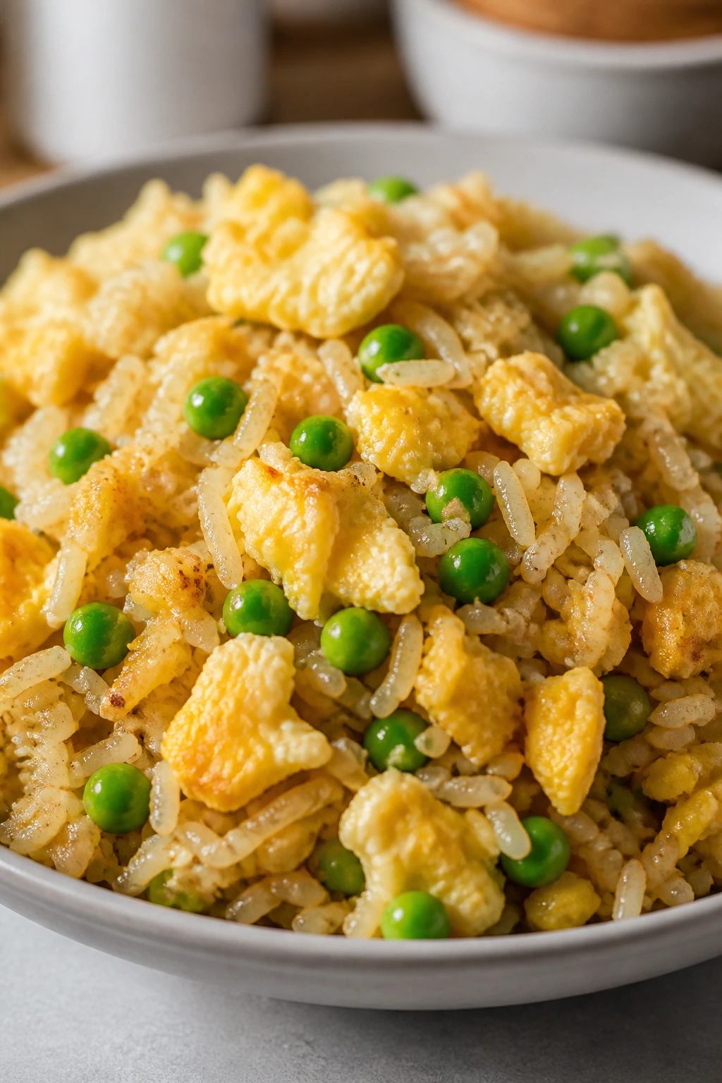 Close-up of savory fried rice with eggs and peas in a bowl