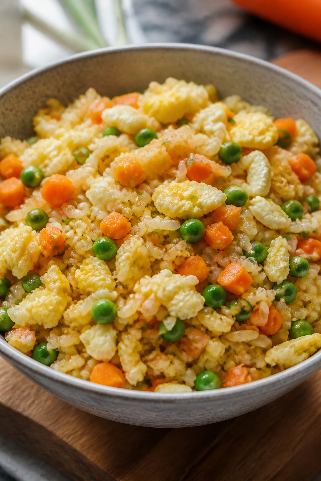Close-up of veggie fried rice with eggs, peas, and carrots
