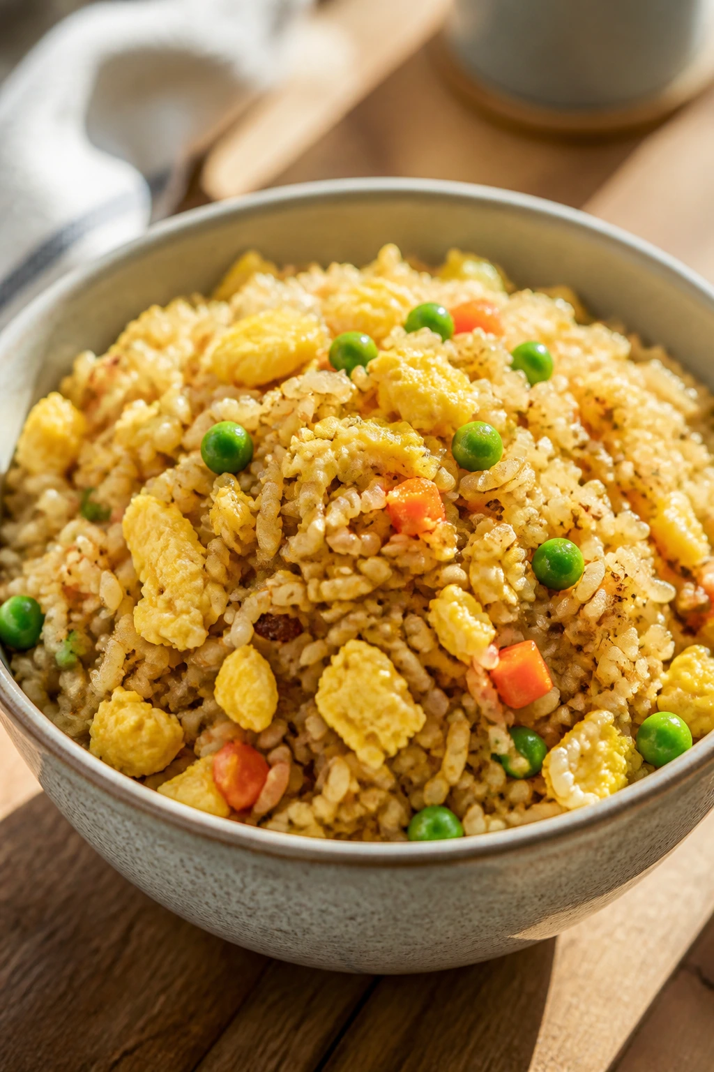 Close-up fried rice with eggs and vegetables in a bowl