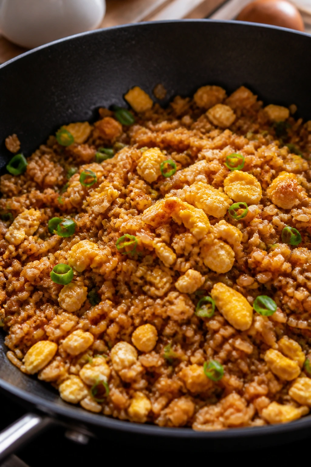 Soy-Garlic Egg Fried Rice in pan