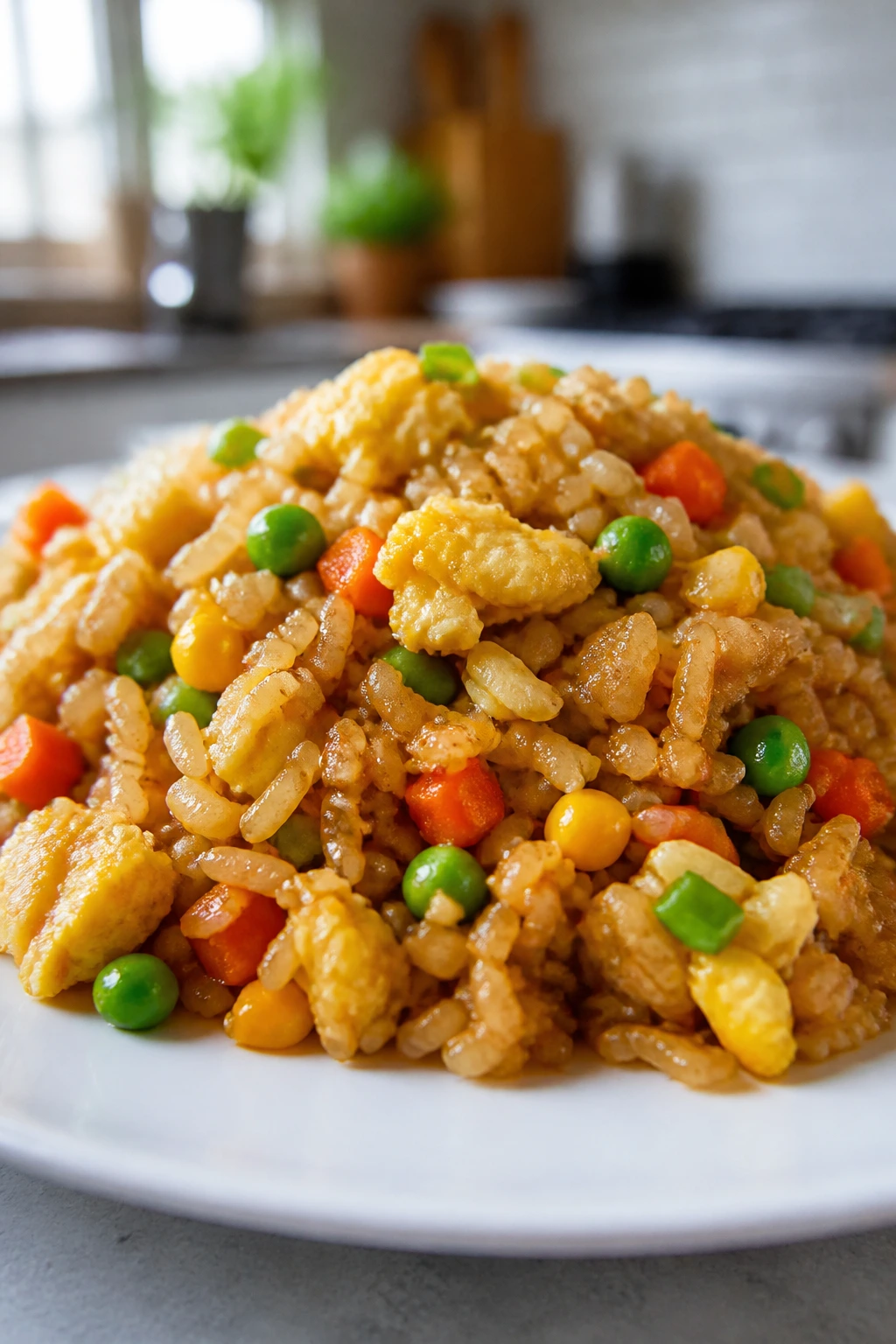 Close-up of fried rice with eggs and vegetables on a plate in a kitchen