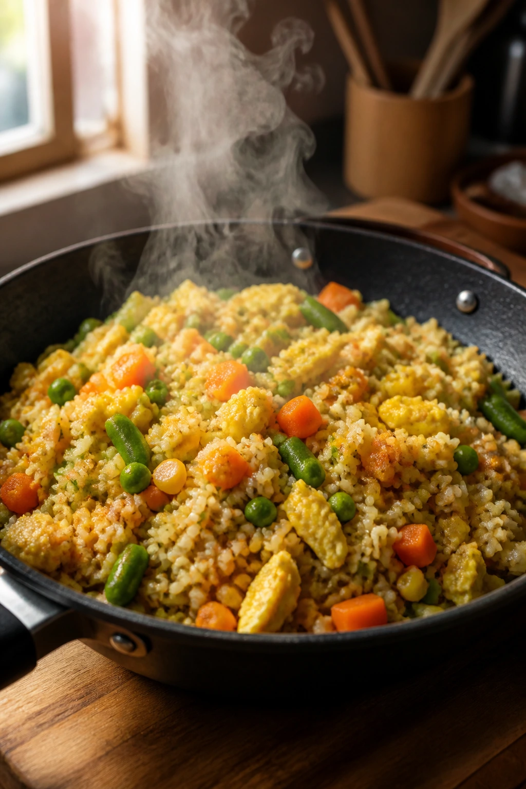 Skillet of fried rice with eggs and frozen vegetables