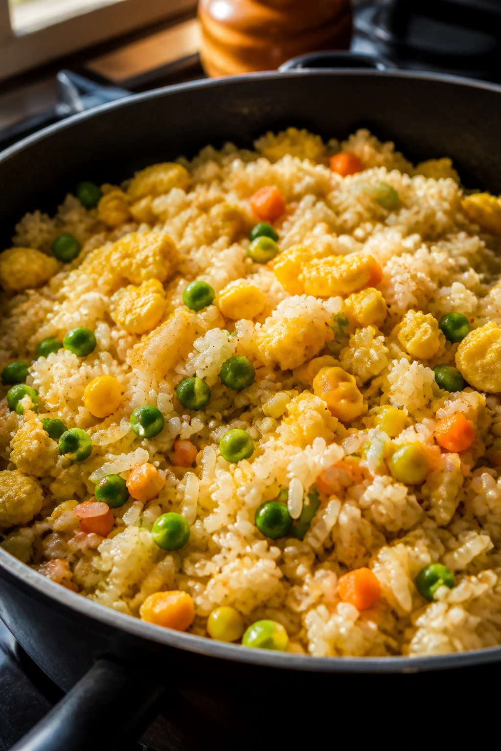Skillet of egg fried rice with eggs and vegetables.