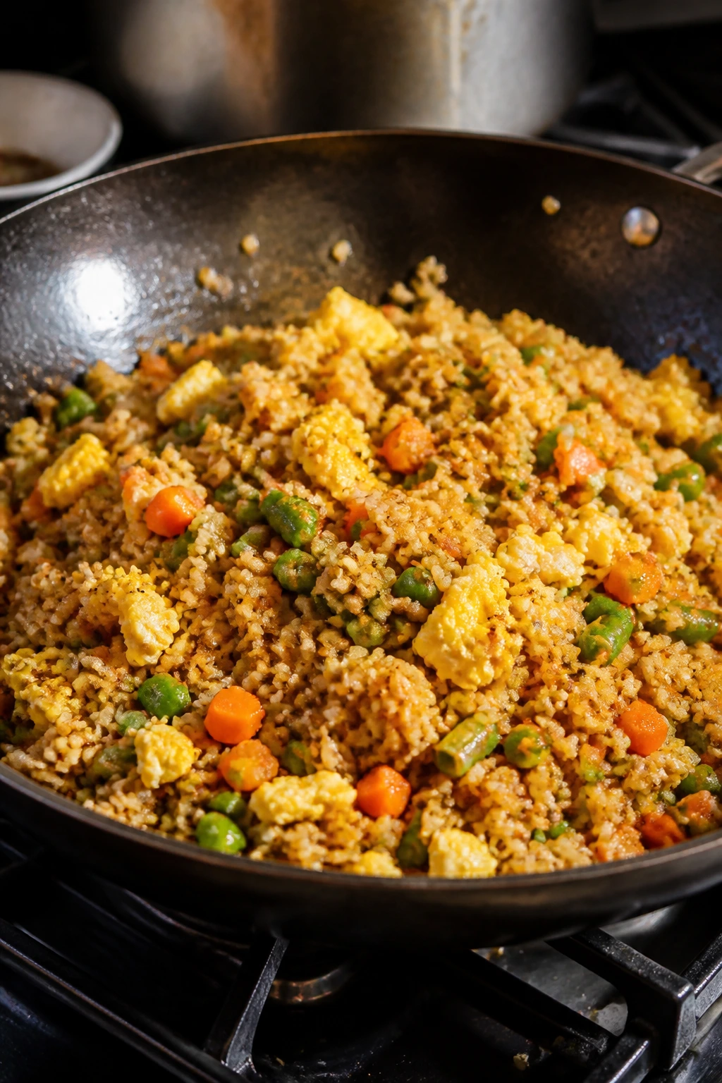Crispy egg fried rice with vegetables in a wok