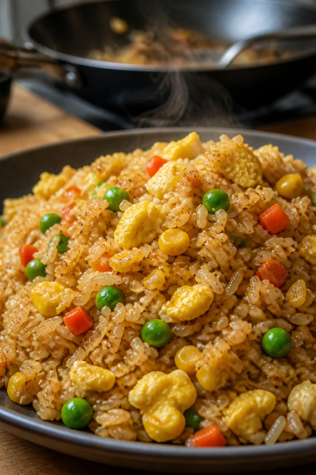 Close-up of fried rice with eggs and vegetables on a plate in a warm kitchen