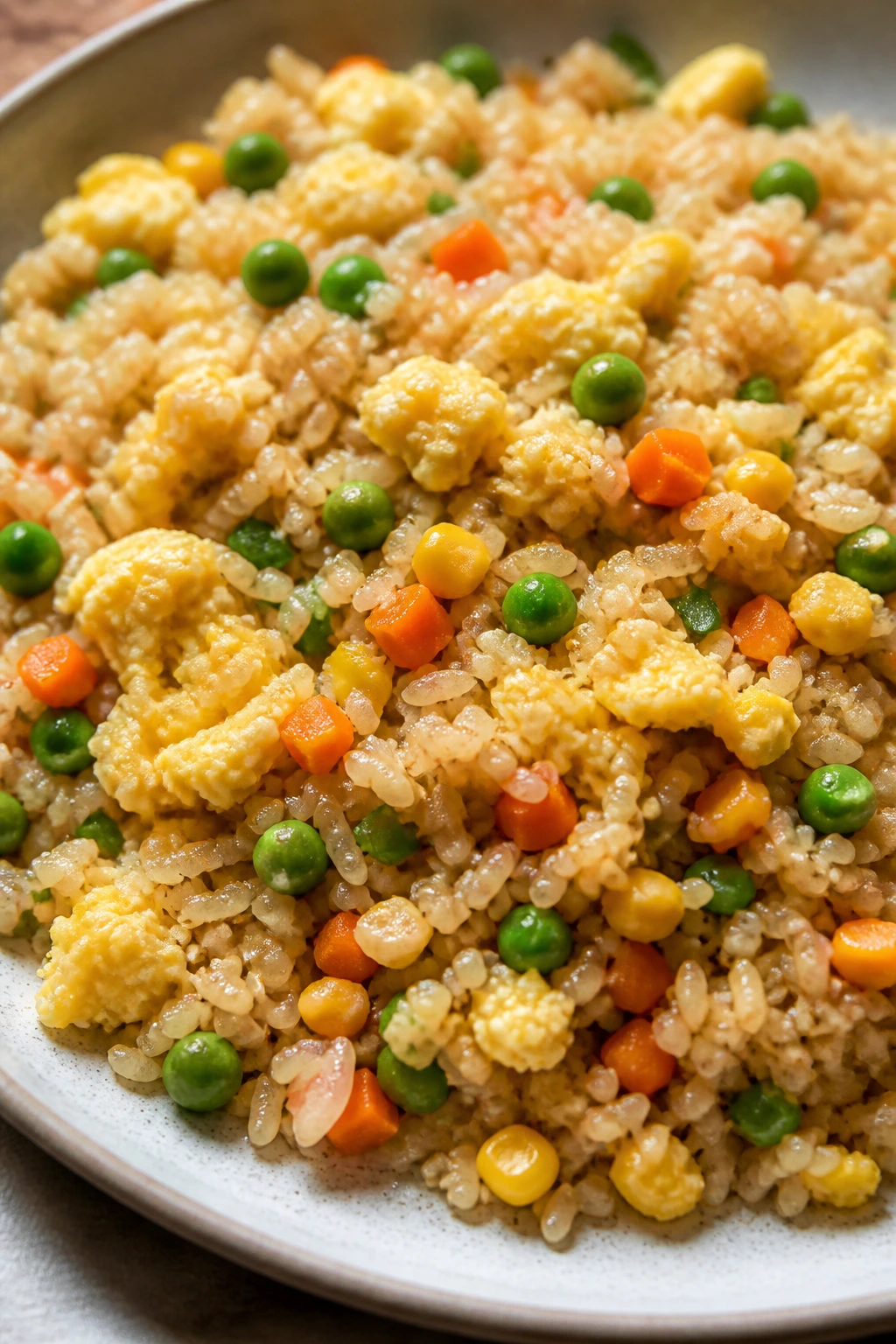 Vegetable fried rice with scrambled eggs on a plate