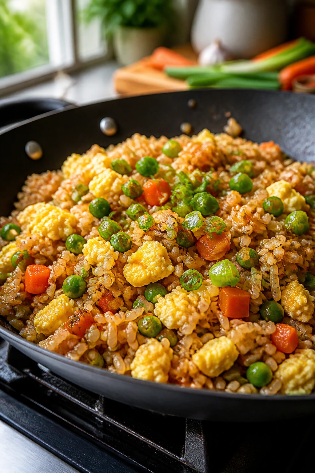 Close-up of vegetable fried rice with eggs in a skillet