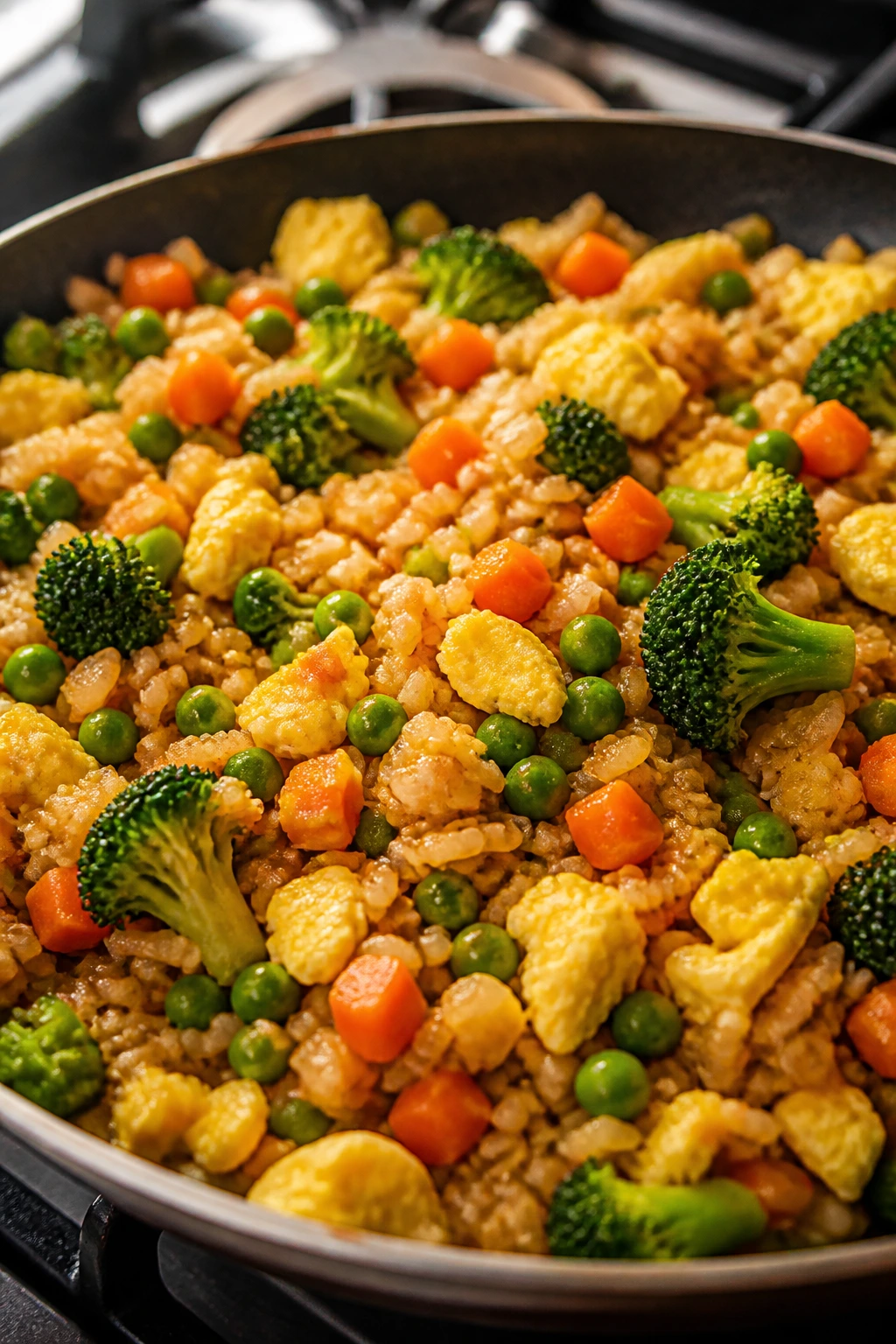 Vibrant veggie fried rice with eggs in a pan