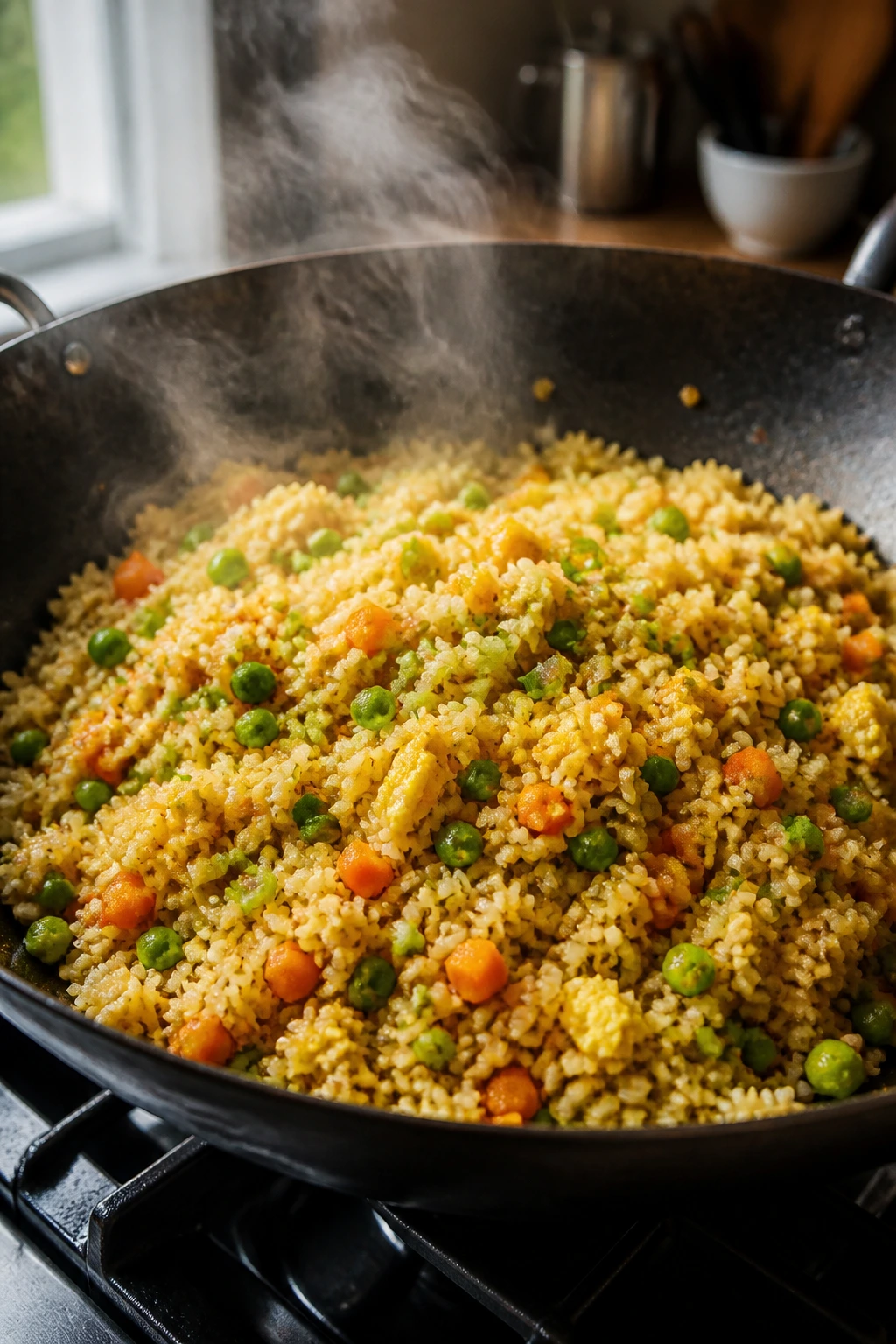 Close-up veggie fried rice with eggs, peas, carrots and scallions in a wok