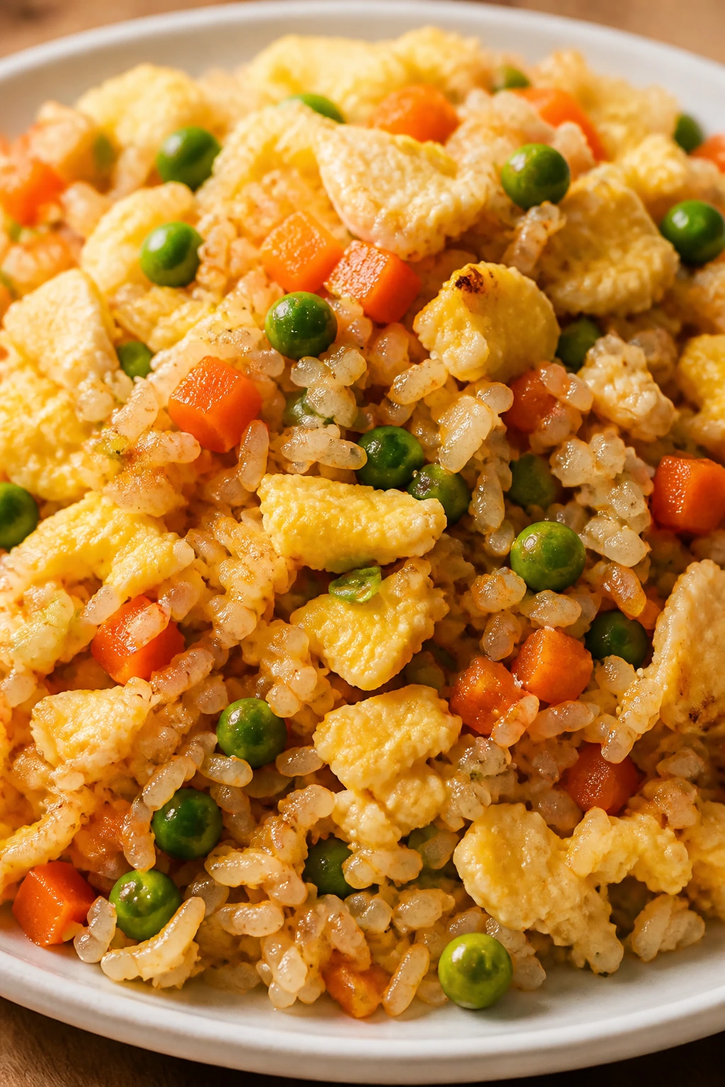 Close-up of veggie fried rice with scrambled eggs on a plate