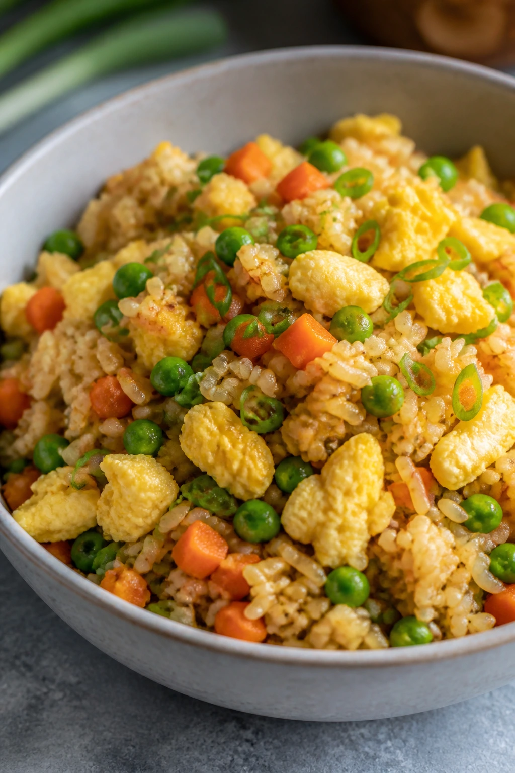 Bowl of veggie fried rice with scrambled eggs and vegetables