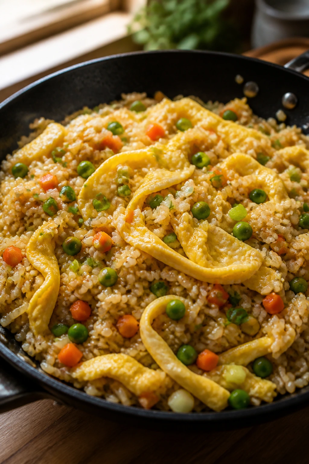 Close-up of veggie fried rice with egg ribbons in a skillet