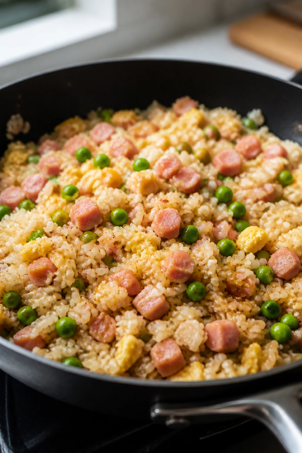 Close-up of ham fried rice with eggs and peas in a skillet