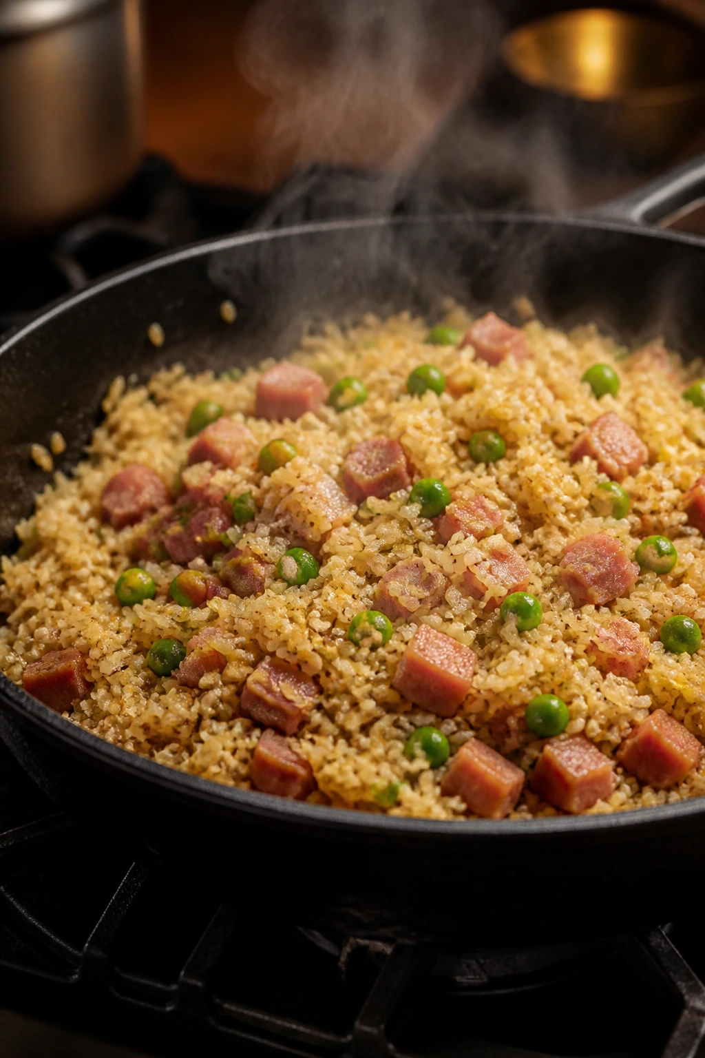 Sizzling ham and pea fried rice in a skillet on a stove.