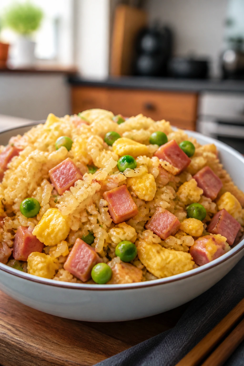 Bowl of egg fried rice with ham and peas