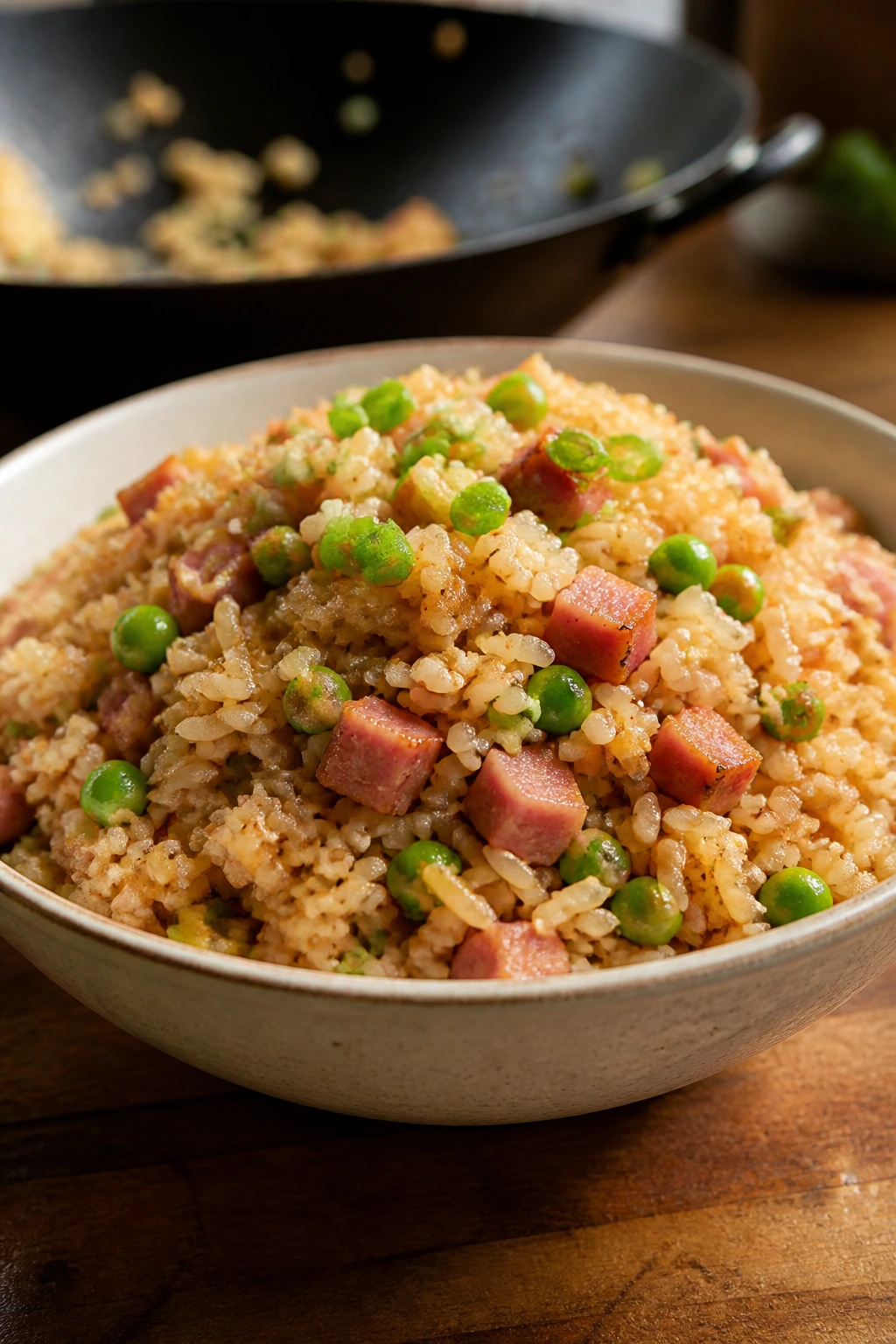 Close-up of ham and pea fried rice in a bowl