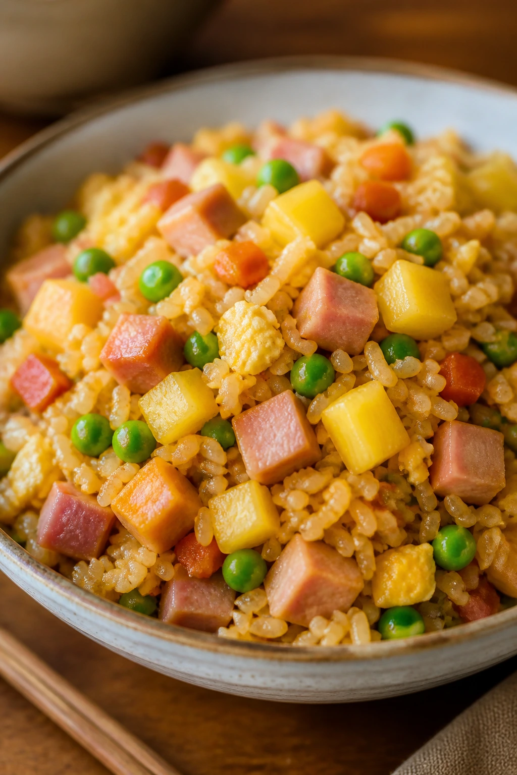 Close-up of ham and pineapple fried rice in a bowl