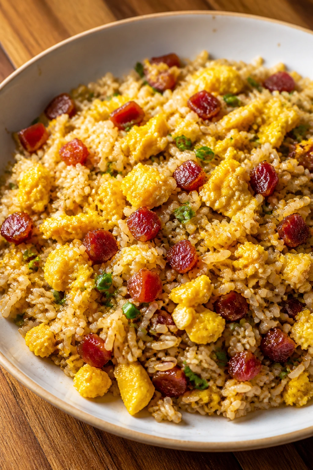 Fried rice with lap cheong and eggs in a bowl