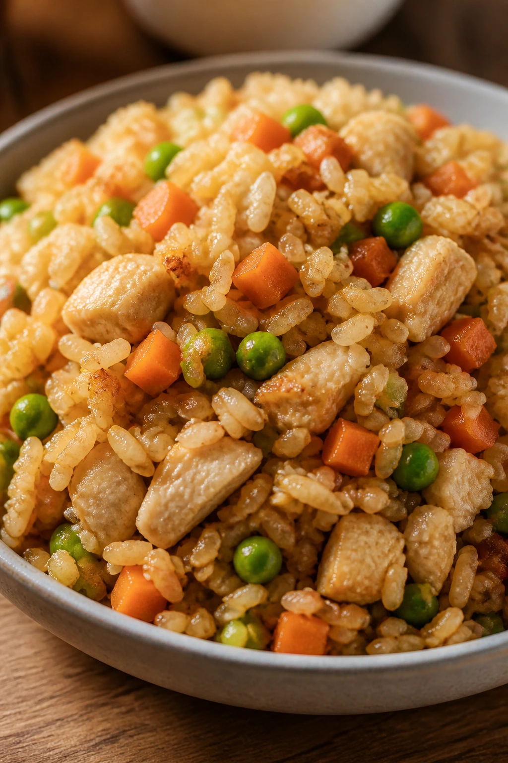 Chicken fried rice with peas and carrots in a bowl