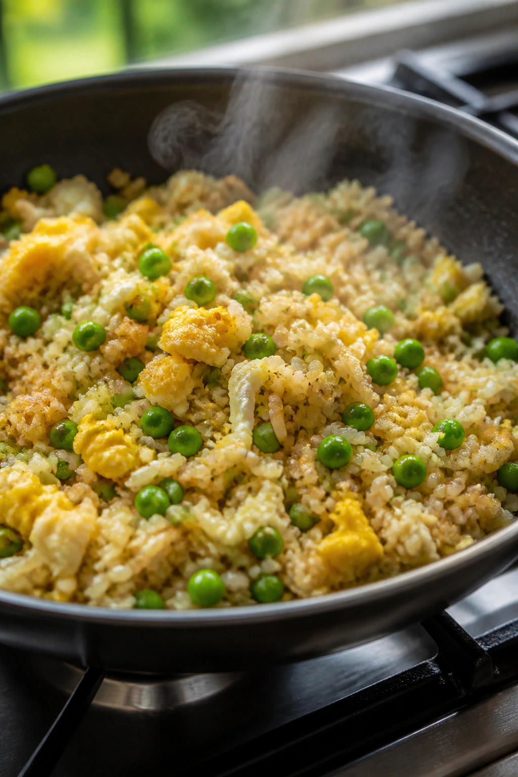 Close-up of fried rice with egg and peas in a skillet