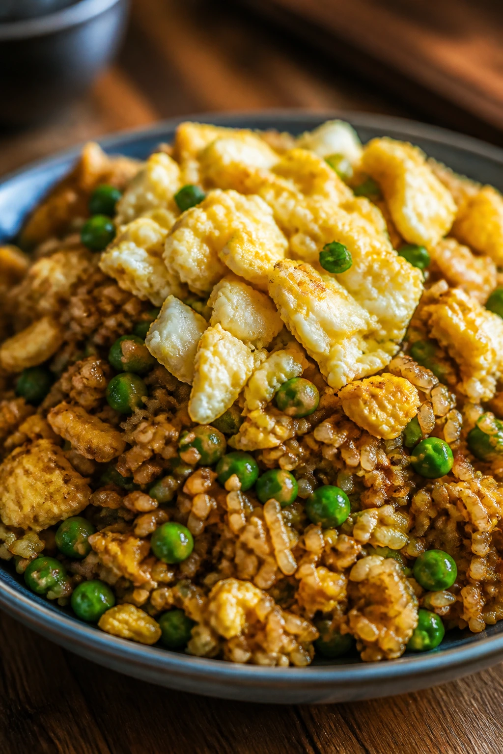 Close-up plate of garlic-soy fried rice with peas and egg