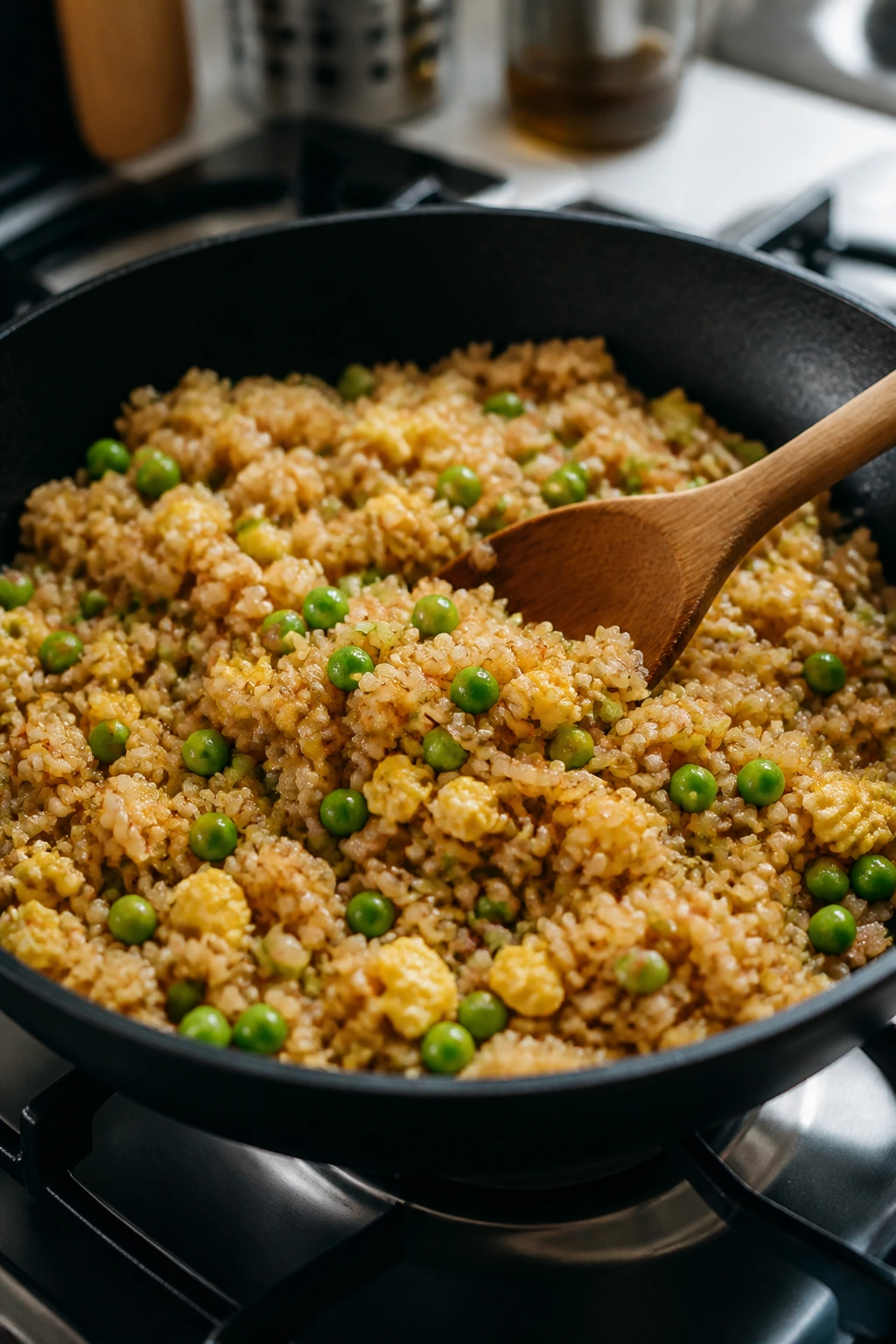 Close-up of egg fried rice with peas in a skillet.