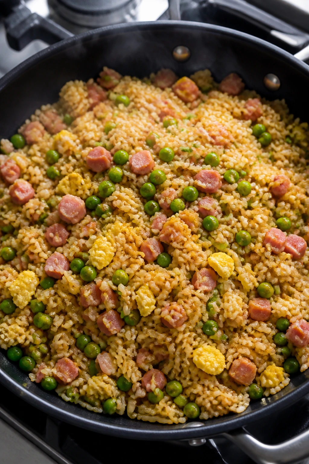 Fried rice with peas and ham in a wok on a stove