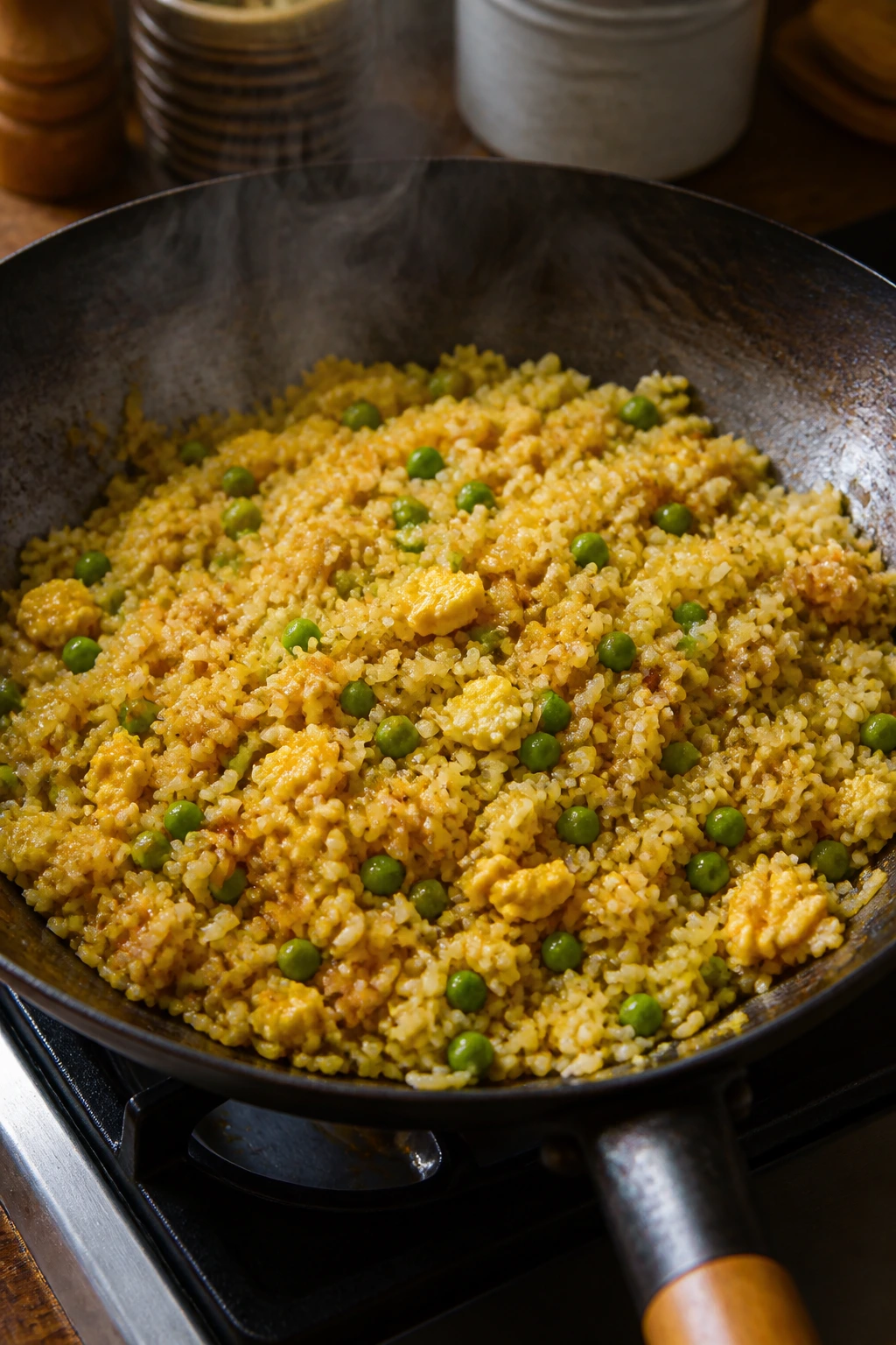 Close-up of egg fried rice with peas in a hot skillet.